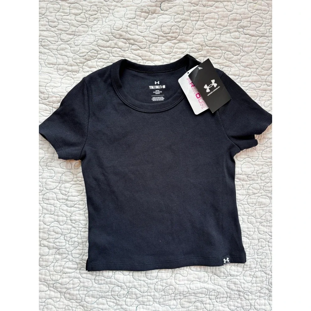 Under‎ Armour Girls Black Ribbed Short Sleeve Fitted Athletic T-Shirt Medium
